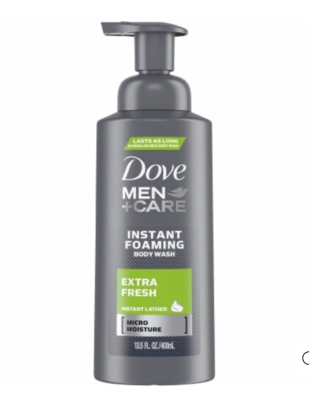 13.5 oz bottle of Dove Men+Care Extra Fresh Instant Foaming Body Wash